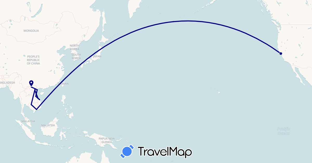 TravelMap itinerary: driving in Cambodia, United States, Vietnam (Asia, North America)